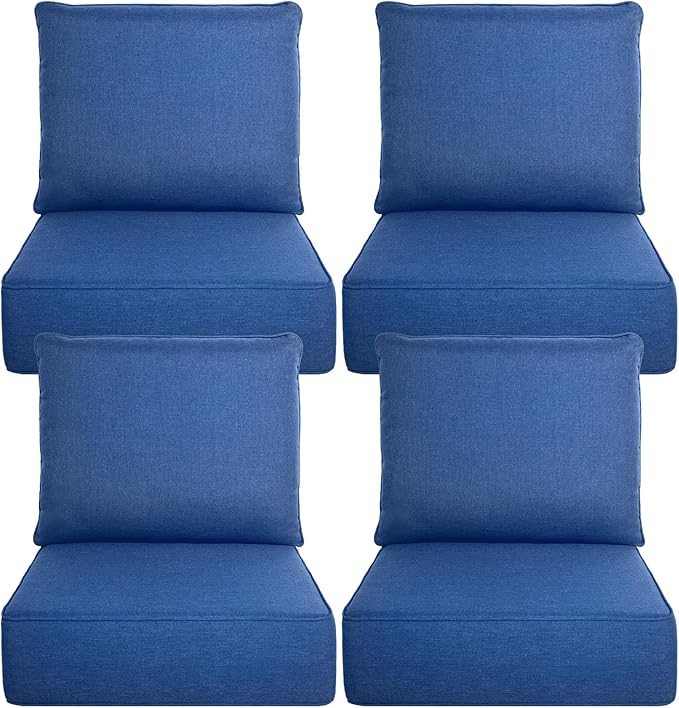 Belord Luxury 6" Thick Outdoor Cushion 4 Set - 24 x24 Inch 28D Sponge Filling Fade-Resistant Chair Cushion, Spill Proof Removable Patio Furniture Replacement Cushion for Sofa Bench Swing - Blue