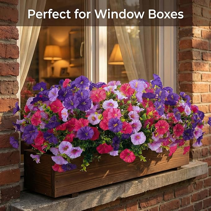 12Pcs Artificial Outdoor Flowers for Outdoors, Faux Silk Realistic Morning Glory Floral Arrangement Planter UV Resistant for Porch Patio Window Box Balcony Garden Decor (12pcs Mixed Purple)