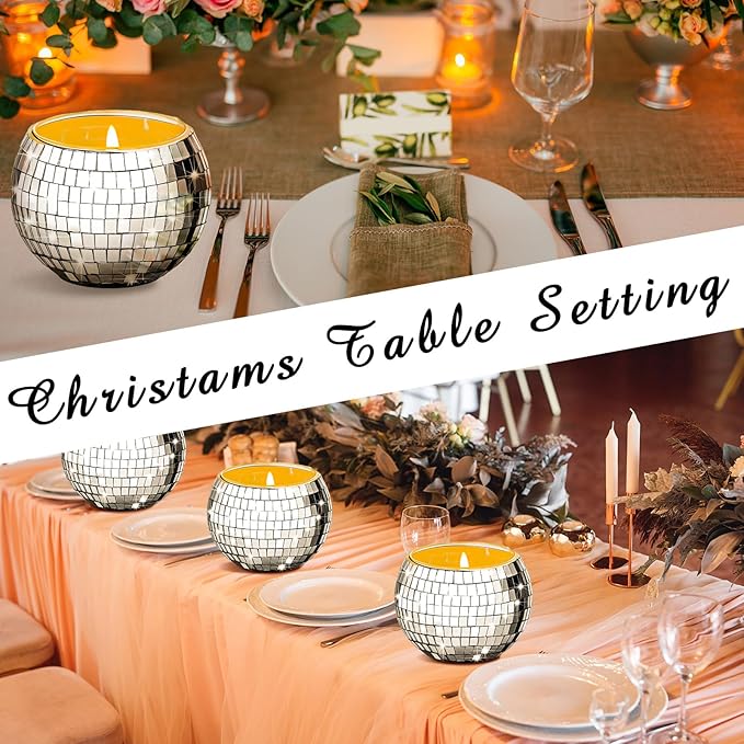 Maxcheck 24 Pcs Disco Ball Candle Holders Bulk Wedding Decoration Disco Ball Centerpieces Includes 12 Votive Mosaic Glass Tea Light Holders and 12 Tea Light Candles for Activity Party