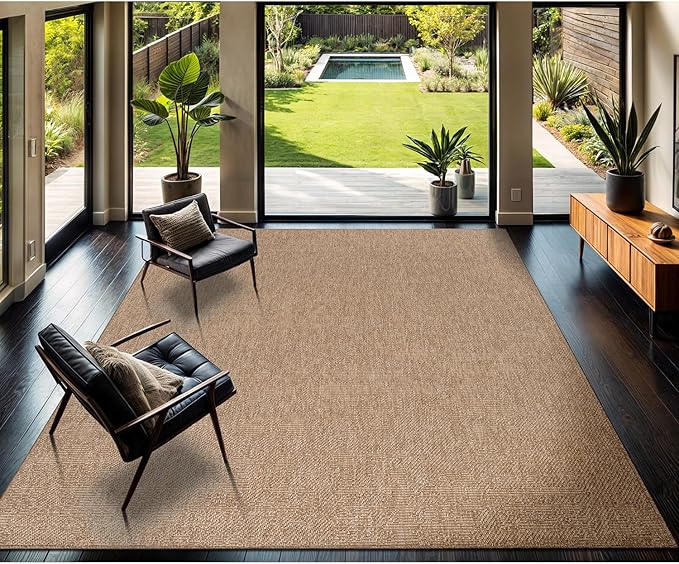 CAMILSON Easy Jute Rug 10x14, Indoor Outdoor Natural Color Fiber Area Rugs for Living Room Patio and Kitchen Rug, Solid Boho Woven Design, Easy-Cleaning, Washable Outside Carpet Alfombras (10 x 14)