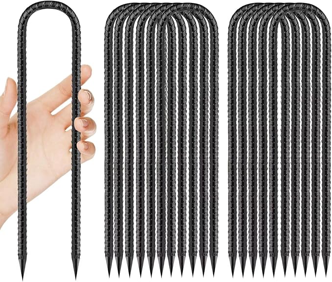 12 Inch Rebar Stakes, U Hook Ground Stakes 20 Pack Black Ground Anchors for Tent Heavy Duty for Plants Anti-Rust Landscape Fabric Artificial Turf