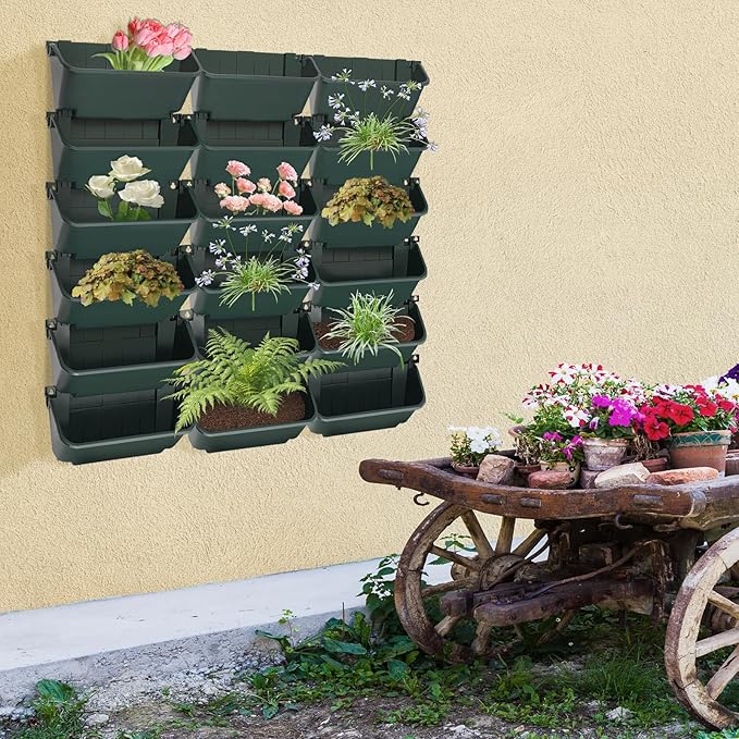 Eapmic Vertical Wall Planter with 18 Pots, Hanging Garden Plant Flowerpot Holder, Stackable Wall-Mounted Planter, Balcony Planters for Flowers Vegetables Fruits (Dark Green, 18 Pots)