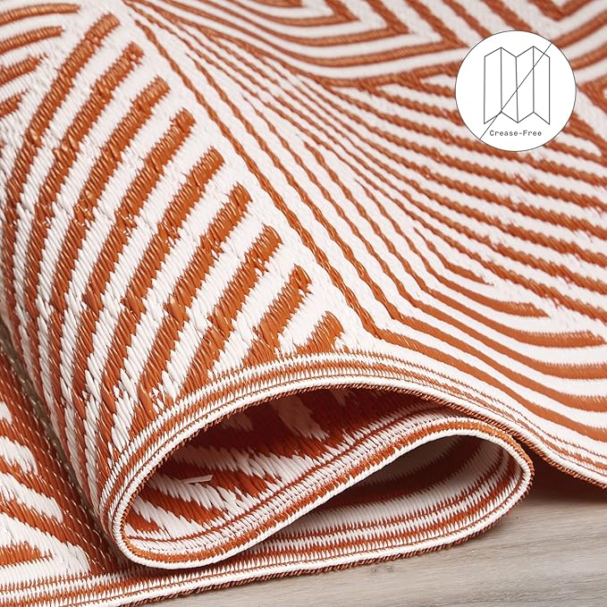 Fab Habitat Outdoor Rug - Waterproof, Fade Resistant, Crease-Free, Reversible - Premium Recycled Plastic - Modern Geometric - Large Patio, Deck, Sunroom, Camping, RV - Tokyo - Burnt Orange - 8 x10 ft