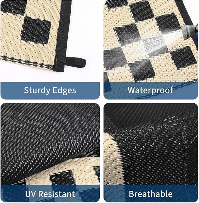 Garvee Outdoor Rug 10x14 Waterproof Fade-Proof Reversible Patio Rug Modern Neutral Outdoor Carpet, Plastic Straw Weather Resistant Large Camping Carpet for Garden Backyard Balcony, Black & Beige