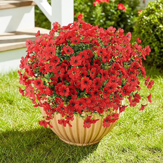 Artificial Flowers Outdoor Faux Plants UV Resistant Fake Patio Flowers Plastic Greenery Plnats Outside Bulk for Spring Garden Hanging Planter Home Vase Decor, 24 Bundles (Red)