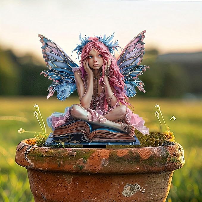 Garden Decor, Acrylic 2D Stake, Pot Plants Garden Yard Lawn Outdoor Fairy Statue Ornaments, Fairy Garden Accessories Decoration (Style F)