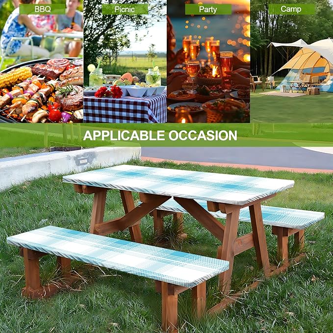 Picnic Table Cover with Bench Covers Set of 3 - Fresh Spring Check Light Blue Gingham Tablecloth, Elastic Fitted for 6 Ft Tables, Washable Polyester Cover for Patio, Indoor & Outdoor