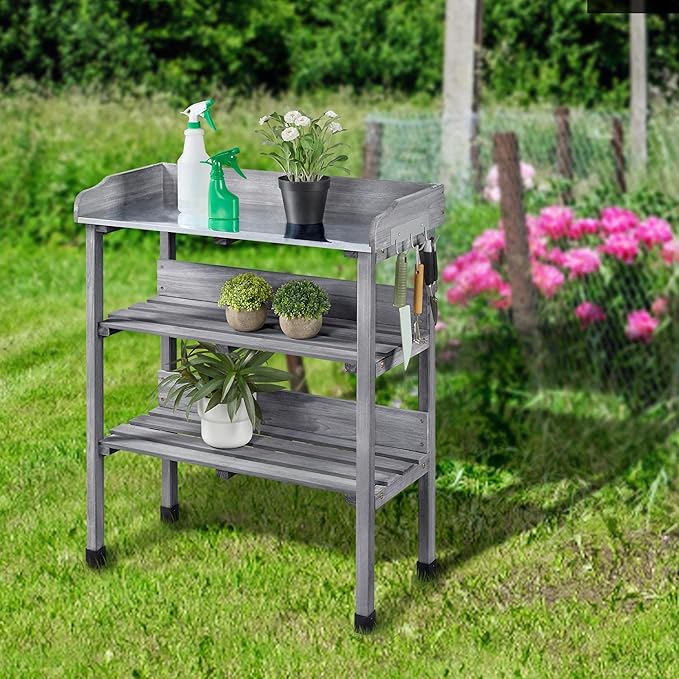 Yaheetech Garden Potting Table Horticulture Potting Bench w/Storage Shelf W/Metal Tabletop w/Hook 3 Shelves Workstation Work Benches Station, Gray