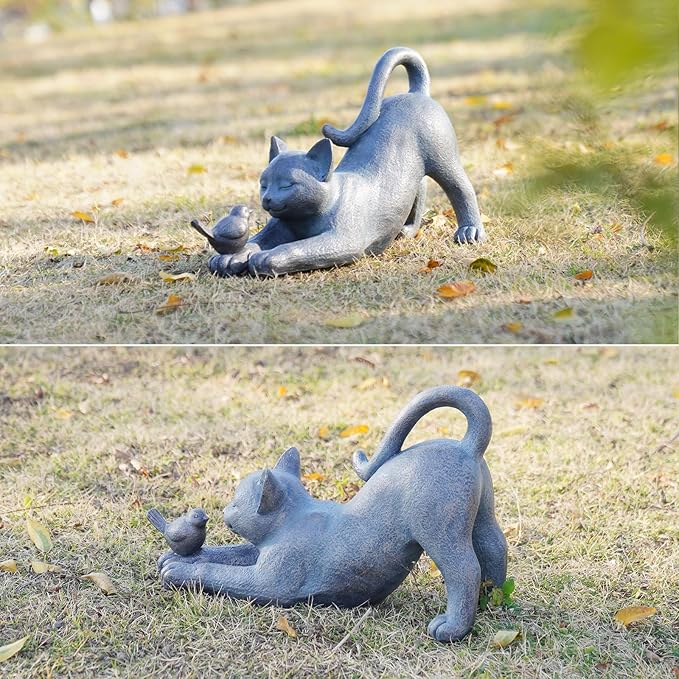 Cat Garden Statues Outdoor Cat-Figurines - Home Garden Decor 16 x 6 x 9.5 inch Resin Cats & Bird Playing Sculpture Statue for Farmhouse Outside Backyard Lawn Gift for Kitten Lovers Newman House Studio