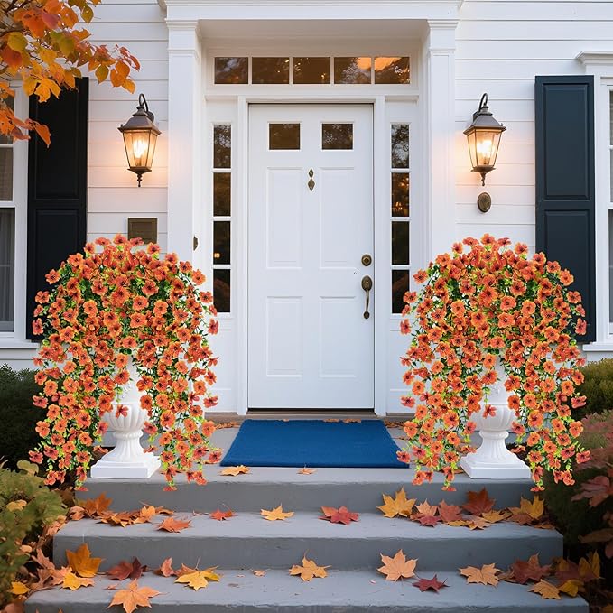 8 Pcs Outdoor Fall Decor, Fall Flowers Artificial For Decoration, Artificial Mums For Outdoors, Fake Mums Faux Mums For Outside Half Sphere, Fake Hanging Plants Plastic Flowers For Outdoors Home Porch
