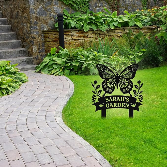 Custom Metal Butterfly Garden Sign with Stake, Personalized Garden Signs for Outside, Customized Garden Name Signs for Yard Lawn Outdoor Decor Gardening Gifts for Moms Grandmas Gardeners