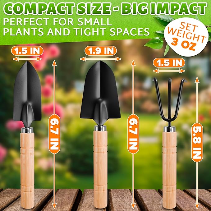 3 Pcs Small Garden Tools for Gardening – Planting Tools Set with Mini Shovel, Ergonomic Hand Rake, Rustproof Metal Build & Solid Wood Handle – Shovels for Digging, Balcony Pots & Indoor Plant Care