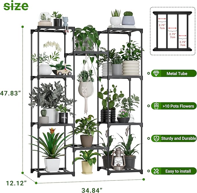 Plant Stand Indoor Outdoor Plant Shelf Stand, 4 Tiers 10 Pots Large Potted Metal Flower Plant Rack for Multiple Plants, Hanging Tall Planter Holder for Patio Balcony Living Room Corner Porch Garden Boho Decor Black