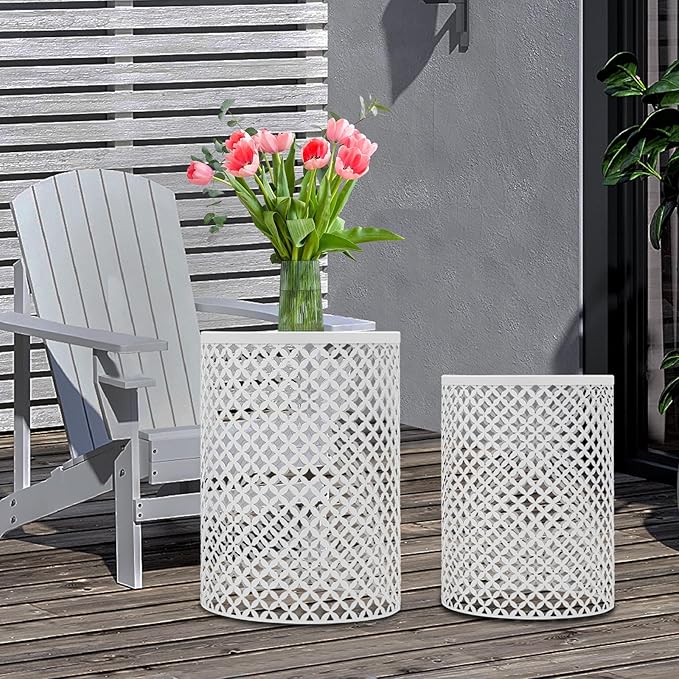 2PCS Outdoor Side Table, Heavy Duty Metal Frame Side Table Decorative Garden Stool Modern End Table Round Coffee Table for Patio Gardens Balconies Cafes (White)