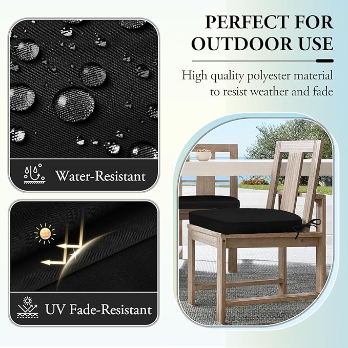 Wellsin Outdoor Chair Cushions for Patio Furniture - Patio Chair Cushions Set of 4 - Water Resistant Round Corner Outdoor Seat Cushions 17"X16"X2", Black