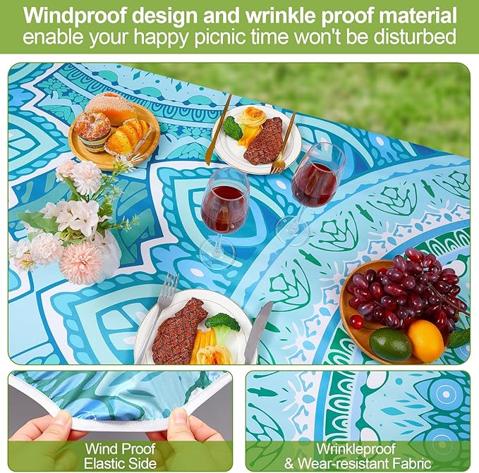 Picnic Table Cover with Bench Covers 6FT 3 Pcs Waterproof Windproof Aesthetic Camping Tablecloth with Drawstring Bag, Fitted for 6 Foot Rectangle Tables and Seats, 96in, Teal