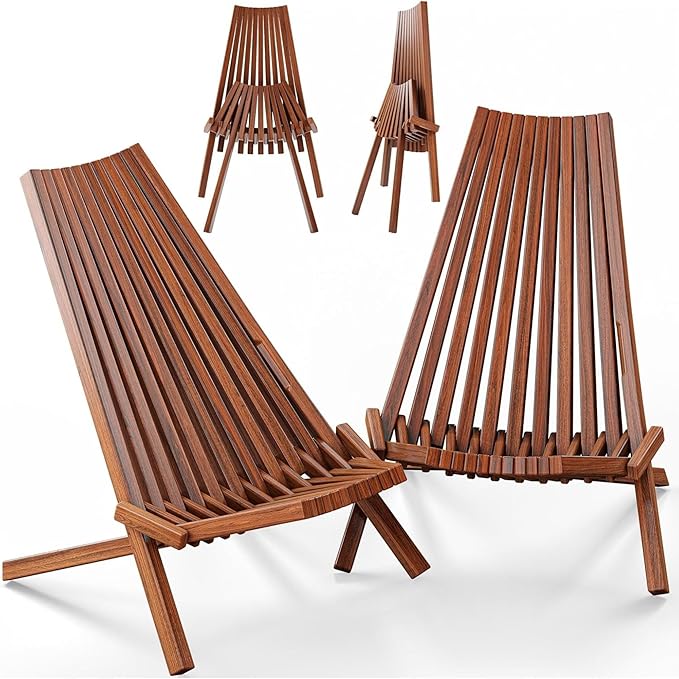 Melino 2PCS Wooden Folding Tamarack Chairs, FSC Certified Acacia Low Profile Adirondack Chairs, Wood Folding Chair for Outdoor, Patio, Porch, Pool, Backyard, Garden, Balcony and Deck - Chestnut - Pair