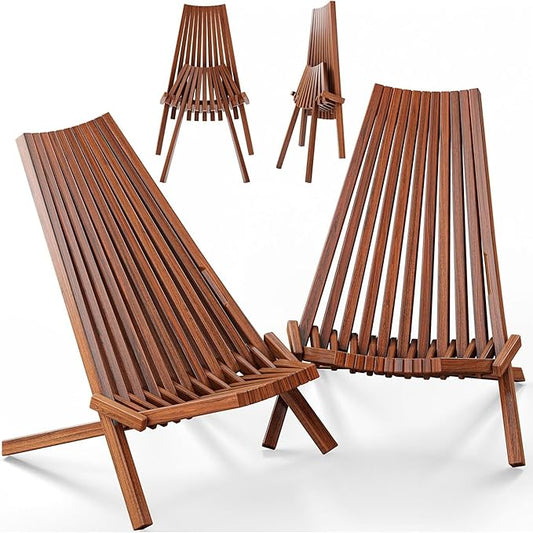Melino 2PCS Wooden Folding Tamarack Chairs, FSC Certified Acacia Low Profile Adirondack Chairs, Wood Folding Chair for Outdoor, Patio, Porch, Pool, Backyard, Garden, Balcony and Deck - Chestnut - Pair
