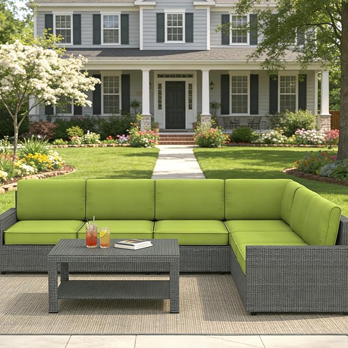 14 Pcs Outdoor Replacement Cushions for Patio Furniture, All Weather Water Resistant Cushion for 6 Seat Rattan Wicker Sectional Patio Conversation Sets and Couch (Light Green)