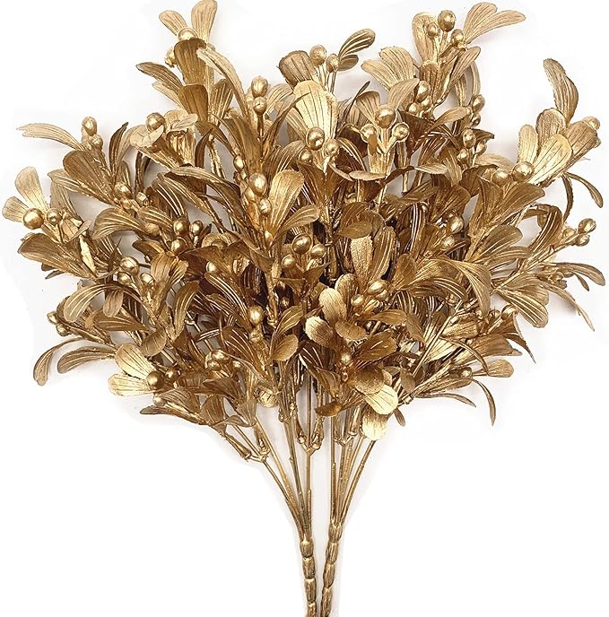 CATTREE Christmas Artificial Flowers, Golden Leaves Branches Plants Fake Berry Plant Decor for Wedding Party Indoor Outdoor DIY Home Office Table Centerpieces Arrangements Decoration - Gold 2 Pack