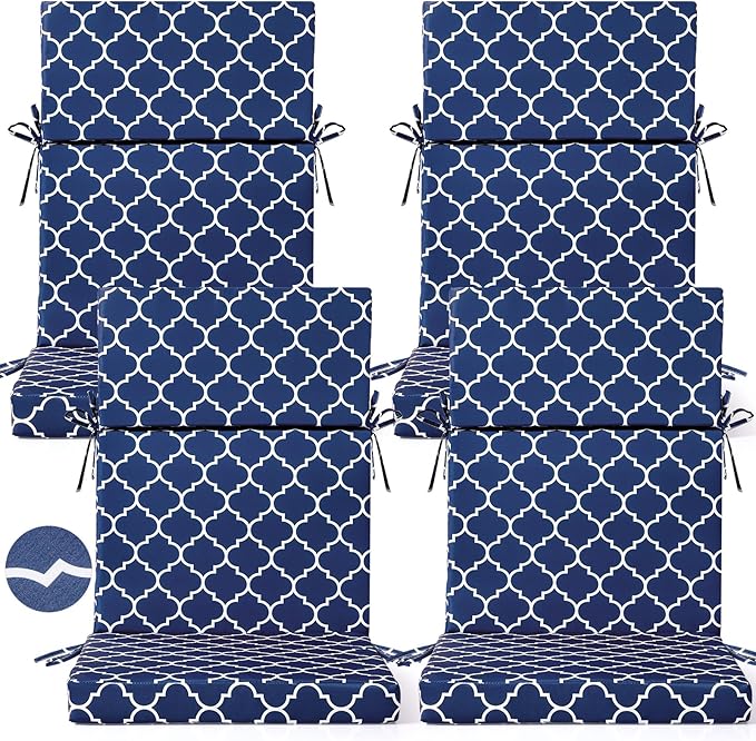 4 Pack Outdoor High Back Chair Cushion, 44 x 20 inches Patio Chair Cushions Waterproof Rocking Cushions Indoor Furniture Seat Pad, Weather Resistant (Moroccan,Blue)