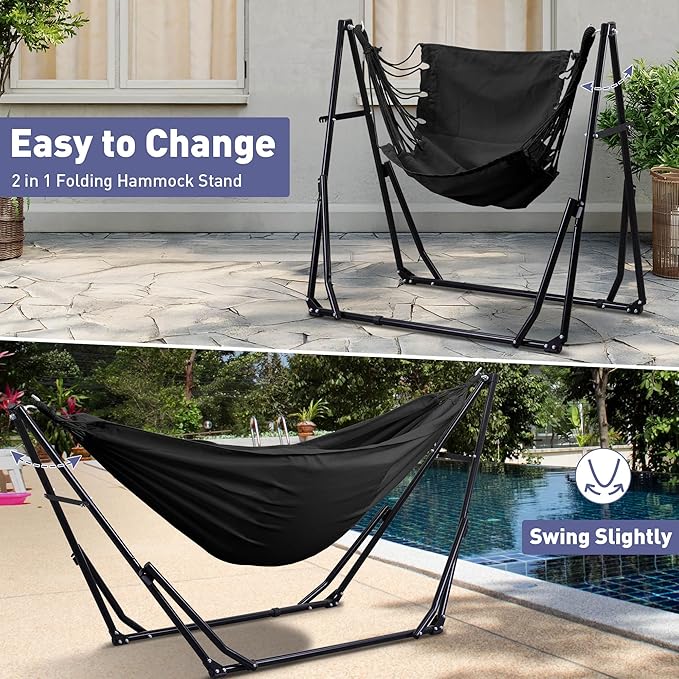 Ainfox Hammock with Foldable Stand, 2 in 1 Hammock and Swinging Chair with Carrying Bag, Portable Camping Chair Suitable for Outside, Swing,Patio,Garden,Camping Trip Blue