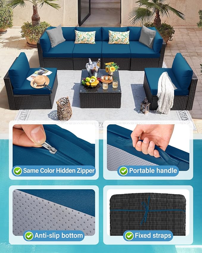 YEFU Outdoor Cushions for Patio Furniture: Replacement Cushions for Outdoor Furniture - Waterproof Couch Cushion - Fade-Resistant/Easy Clean - 14 Piece Sectional Cushion - Non-Slip/Storage Bag/Peacock