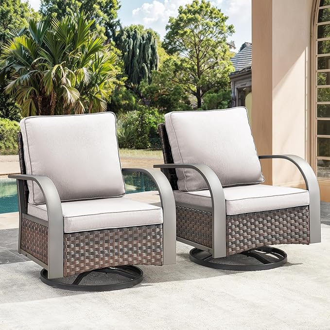 HUMMUH Patio Swivel Glider Outdoor Chair-All Weather Rattan Wicker Patio Swivel Rocking Chairs Porch Chair for Deck Porch Lawn Garden Backyard-Brown/Beige