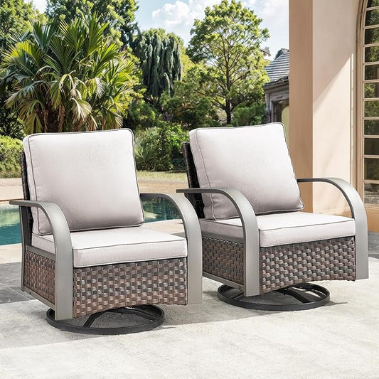 HUMMUH Patio Swivel Glider Outdoor Chair-All Weather Rattan Wicker Patio Swivel Rocking Chairs Porch Chair for Deck Porch Lawn Garden Backyard-Brown/Beige
