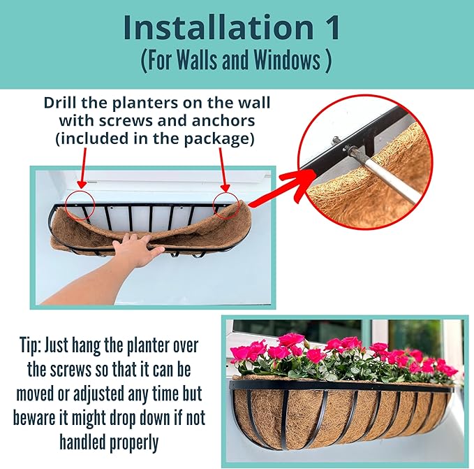 LaLaGreen Fence Planters for Outdoor Plants (24 Inch, 4 Pack) Black Metal Window Boxes Planter To Attach To House, Wall Mounted Flower Coco Baskets Outside Deck Railing Balcony Garden Porch Patio Rail