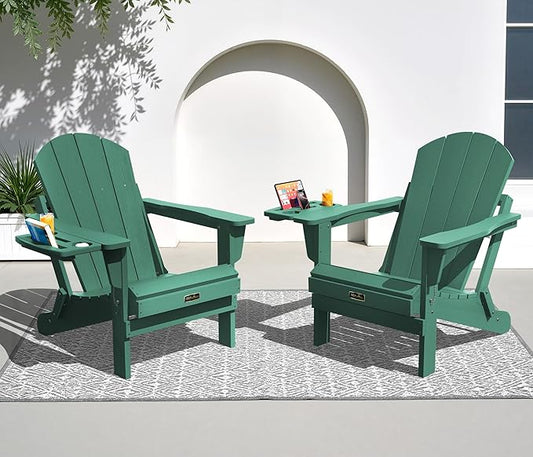 SERWALL Folding Adirondack Chair Set of 2, HIPS Adirondack Chairs with 4 in 1 Cup Holder, Weather Resistant Plastic Chairs for Patio Garden Outdoors Fire Pit - Green