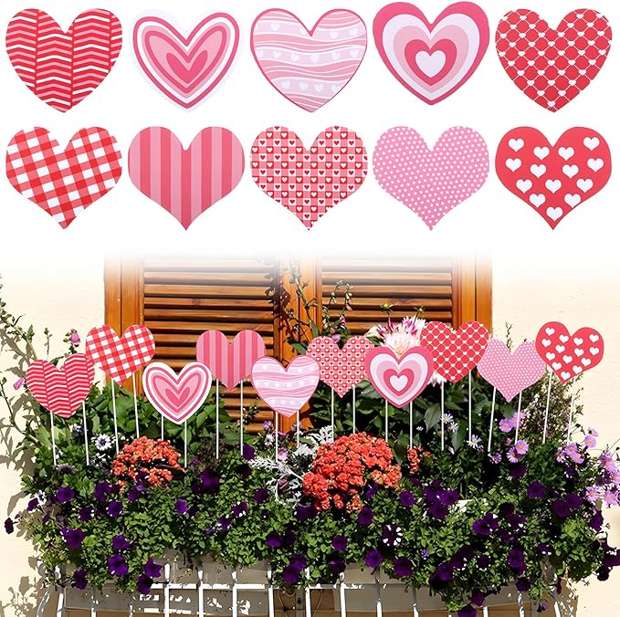 10 Pcs Valentine’s Day Heart Planter Stakes - 11.8" Double Side Heart Garden Yard Stakes Valentine' Day Outdoor Decor for Indoor Outdoor Patio Planter Pot Lawn Pathway Wedding Decor