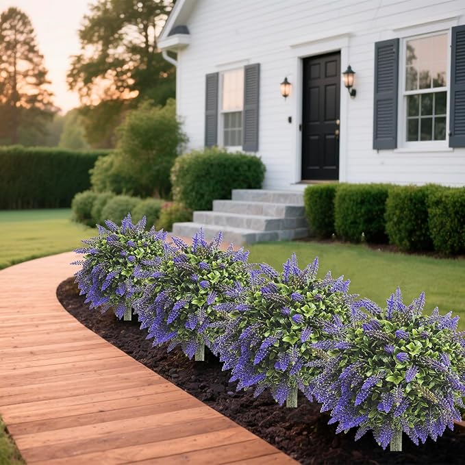 Artificial Boxwood Topiary Ball with Lavender, Set of 2 Artificial Shrub Bushes with Ground Spike, Fake Evergreen Tree for Porch, Artificial Plants for Outdoor Planters Indoor UV Resistant