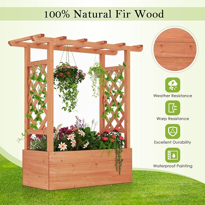 HAPPYGRILL Raised Garden Bed with Trellis, Freestanding Wood Planter Box w/Hanging Roof & 4 Drainage Holes for Vine, Climbing Plants, Flowers, Outdoor Planter with Trellis for Garden, Patio, Yard