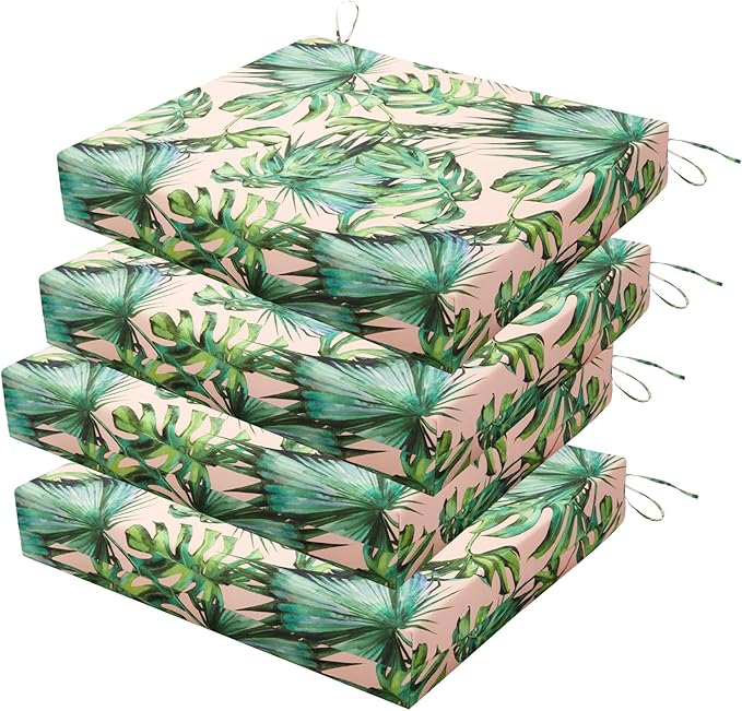 Outdoor Chair Cushions Set of 4, 18.5 x 16 Inch Patio Chair Cushions for Outdoor Furniture, Water Resistant, Non-Slip Ties(Tropical Rainforests)