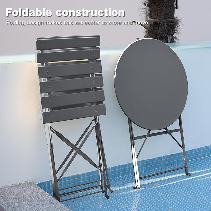 3 Piece Bistro Set, Folding Patio Furniture Set, Outdoor Table and Chairs Set for Patio, Garden, Balcony and Poolside, Grey