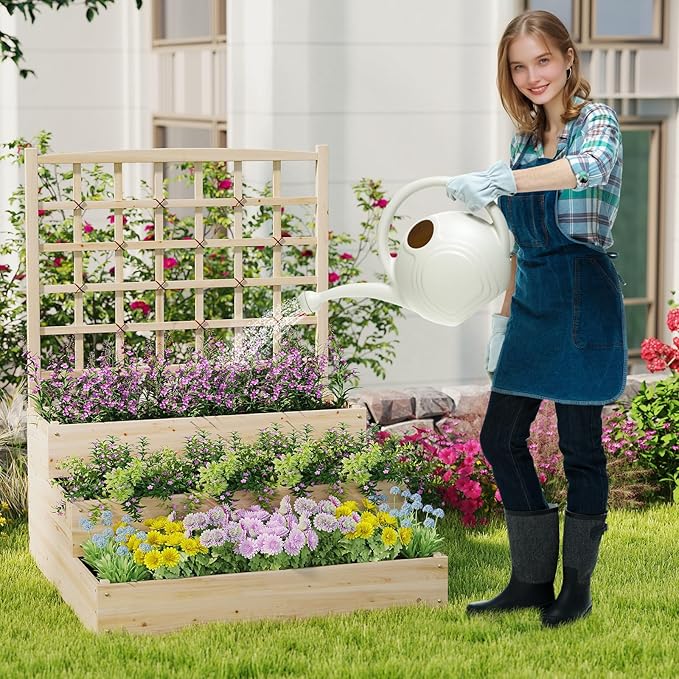 Giantex 3-Tier Raised Garden Bed with Trellis and 3 Planter Boxes, Outdoor Open-Ended Wood Raised Bed for Planting and Vines Flowers Vegetables Growing, 44"x45"x56"