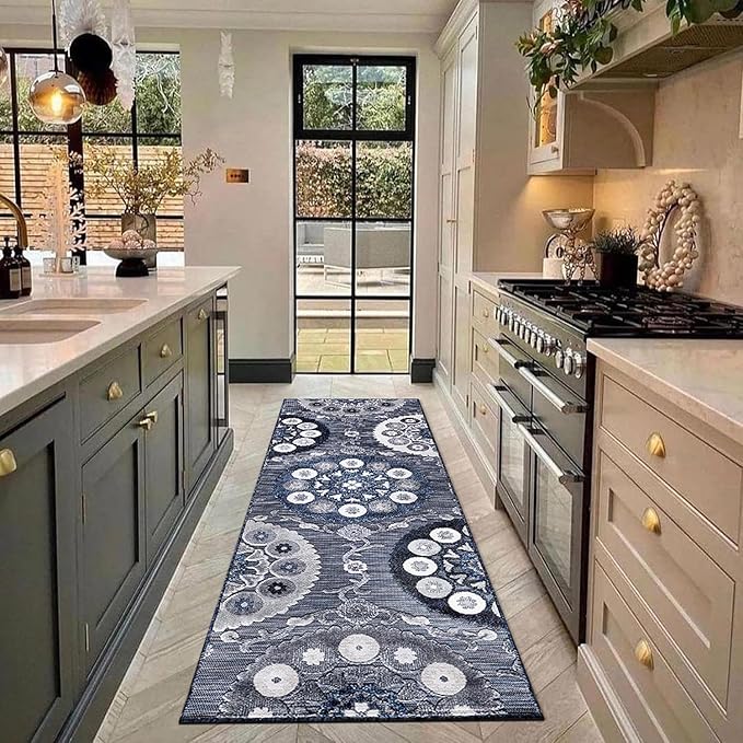 CAMILSON Runner Outdoor Rugs Oriental Retro Traditional Floral Medallion Area Rug 2x10 Non-Shedding Stain Resistant Indoor Carpet for Bathroom Hallway Kitchen Office (2 x 10 / Navy Blue)