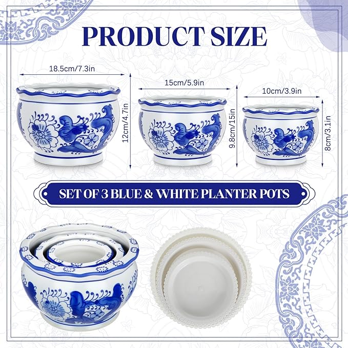 Set of 3 Blue and White Porcelain Flower Pots 7.2'' 6'' 4'' Decorative Chinoiserie Plant Pots with Drainage Hole Saucers Ceramic Planters for Indoor Garden(Elegant Style)