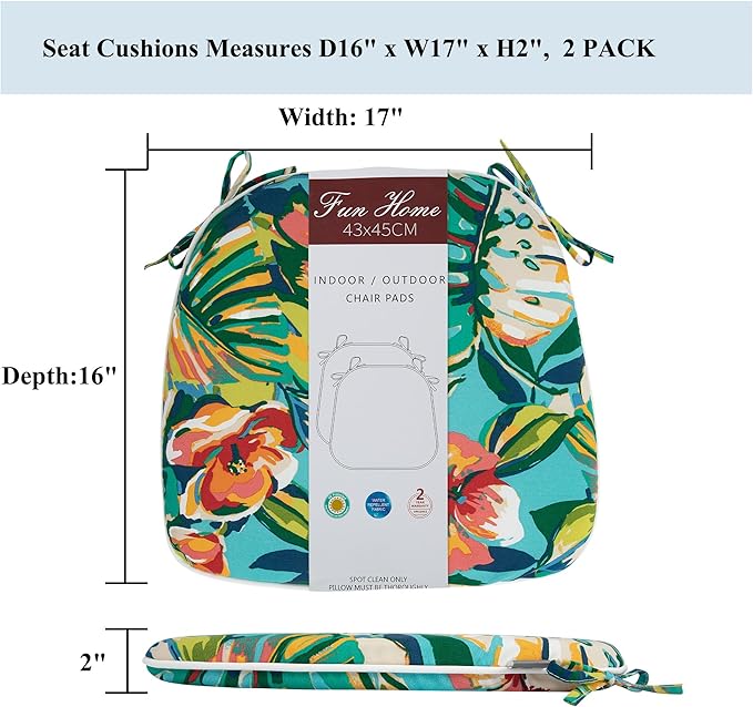 FUNHOME 17"x16"x2" Outdoor Chair Cushions Set of 2, Water Resistant Patio Chair Pads with Ties, Seat Cushions for Home Garden Furniture Decoration-Rosario Flower Leaf