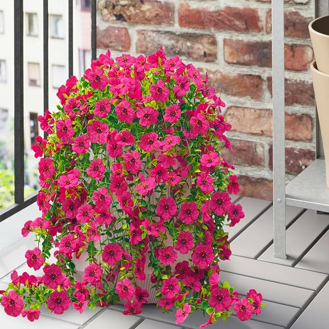 4 Pcs Fake Outdoor Artificial Flowers For Outdoors Uv Resistant, Plastic Flowers For Outdoors, Fake Hanging Plants Faux Flowers For Outdoor Planters, Silk Spring Flowers For Outside Porch（Rose Red）