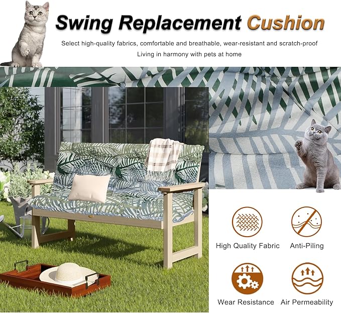 2-3 Seat Swing Replacement Cushion, Outdoor Bench Cushions with Backrest Thicken 4", Patio Furniture Garden Porch Loveseat Glider Pad Anti-Fading Waterproof (Green Leaves, 40x70in)