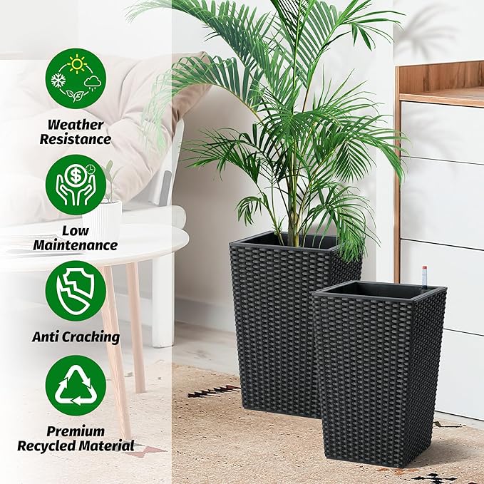 16 Inch Tall Planter Set of 2 Large Rattan Flower Pot with 2 Trays & a Water Level Monitor & Wheels Outdoor and Indoor for Patio, Porch, Living Room, or Home Office, Black