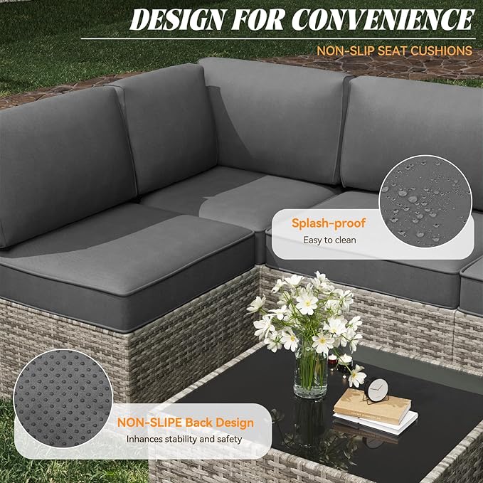 Patio Cushions for Outdoor Furniture,Water-Resistant Outdoor Cushions for 6 Seat Outdoor Sectinal,25.3"×25.3" Deep Seat Sofa Cushions, 14-Piece Outdoor Couch Cushions,Grey