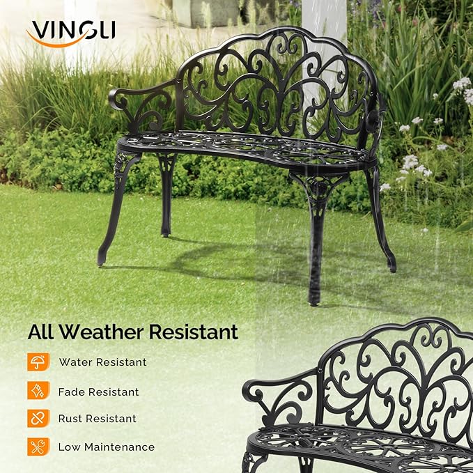 VINGLI 38.5" Patio Park Garden Outdoor Metal Rose Bench, 2-Person Cast Iron Cast Aluminium Frame Antique Finish Chair,Accented Lawn Front Porch Path Yard Decor Deck Furniture (Black, Butterfly)