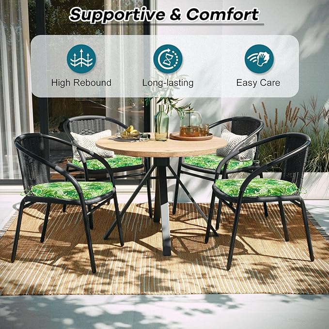 Basic Beyond Outdoor Chair Cushions Set of 4, Outdoor Cushions for Patio Furniture, Water Resistant Patio Chair Cushions with 2 Ties, 17x16x2, Green Leaves