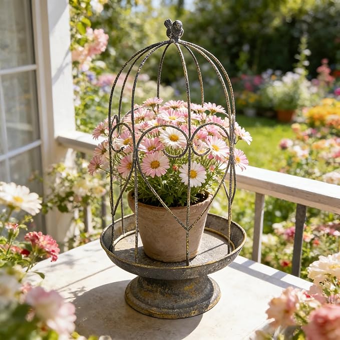 Rustic Metal Planter Holder Vintage Iron Birdcage Candle Holder Farmhouse Distressed Flower Planter Stand Decoration for Garden Patio Balcony Outdoor Indoor Decor (styel#1)