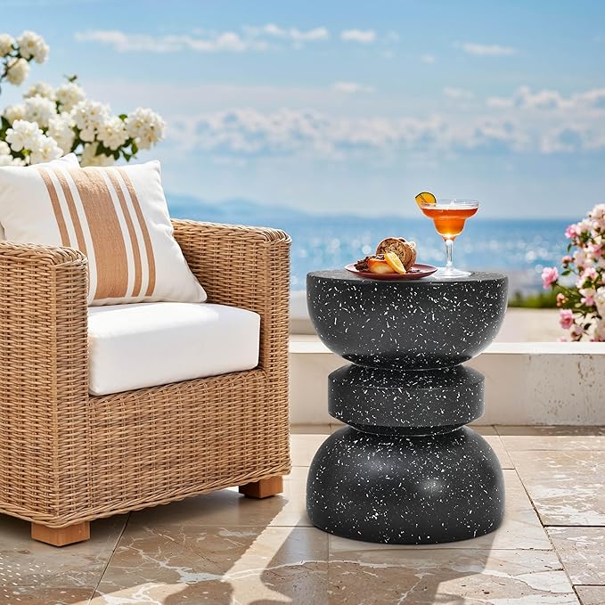 18" H Modern Black Side Table for Living Room, Decorative Terrazzo Finish MGO Outdoor End Table, Versatile as Coffee Table, Stool, Plant Stand, Weather-Resistant for Garden Patio Deck Use