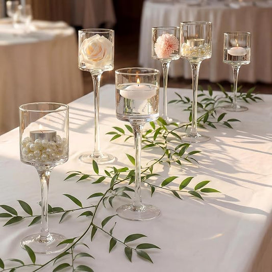 NUPTIO Glass Tealight Candle Holders: Set of 6 Tall Candle Stands for Dinner Table Centerpiece - Stemmed Candleholders for Pillar Floating Candles