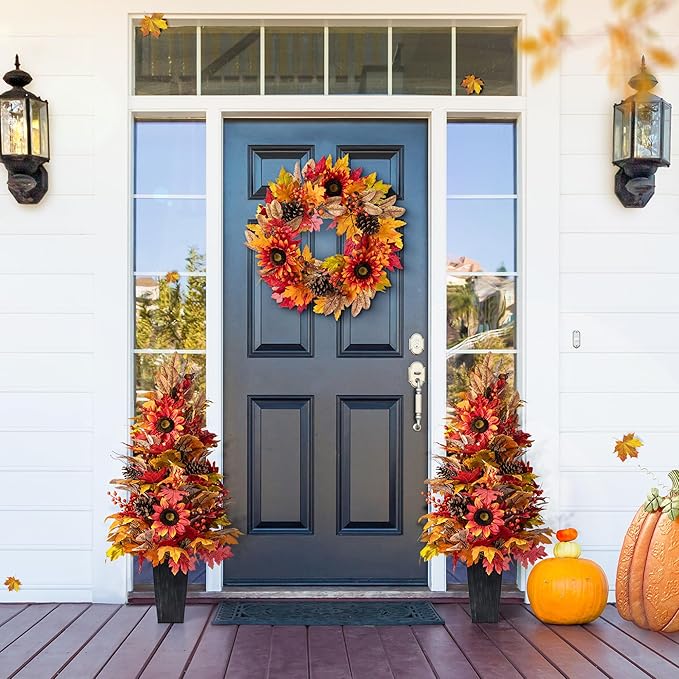 Glitzhome 2 PCS 36”H Fall Porch Tree, Harvest Artificial Porch Tree with Sunflower, Pinecone and Berry Porch & Black Planter, for Autumn Fall Harvest Thanksgiving Christmas Decoration